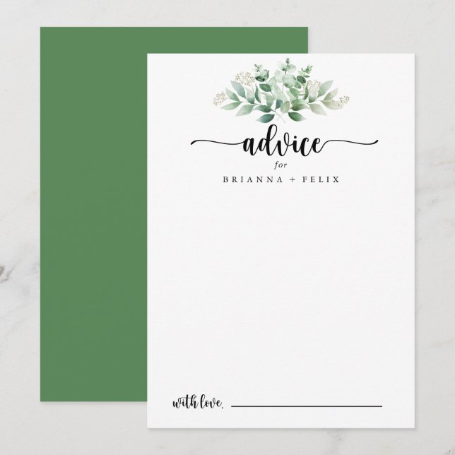 Minimalist Calligraphy Green Eucalyptus Wedding  Advice Card (Front/Back)