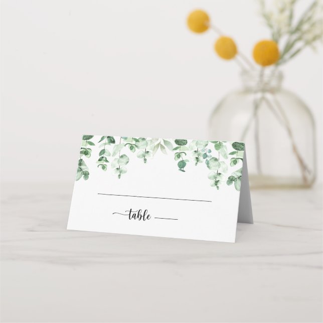 Minimalist Calligraphy Green Eucalyptus Wedding Place Card (Front)
