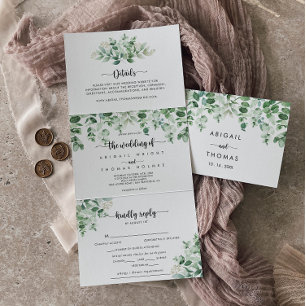 Minimalist Calligraphy Green Eucalyptus Wedding Tri-Fold Invitation