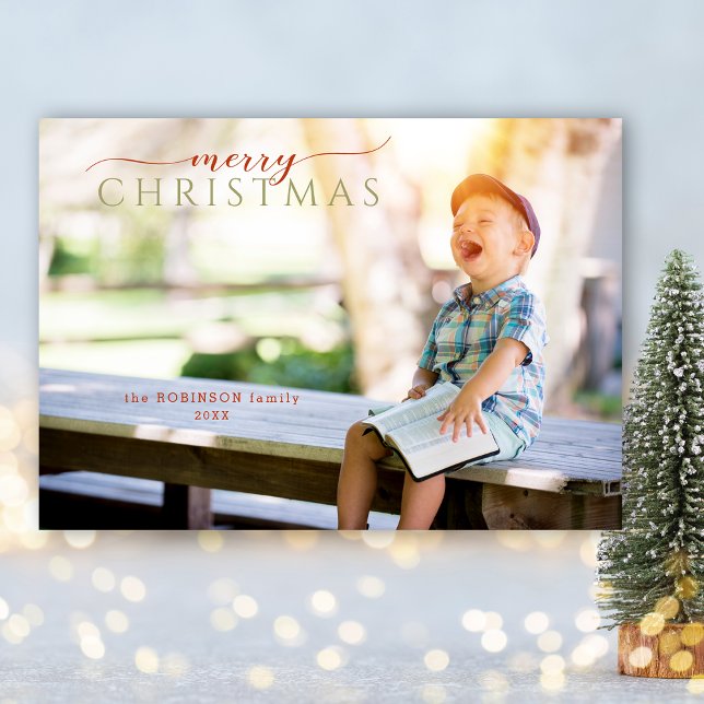 Minimalist Calligraphy Greeting & Photo Tri-Fold Holiday Card (Creator Uploaded)