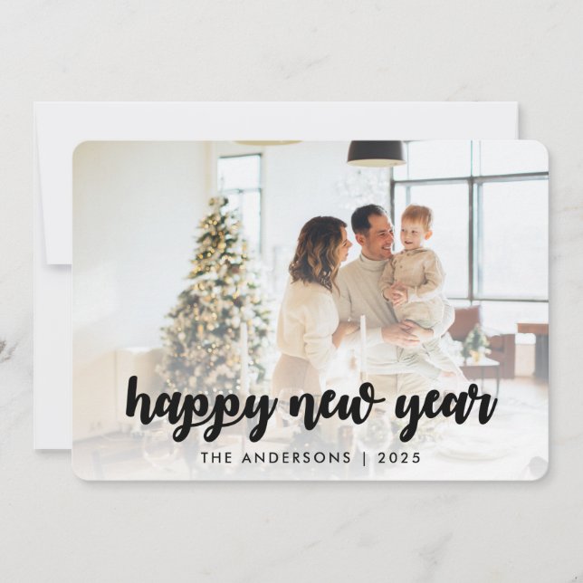 Minimalist Calligraphy Happy New Year Family Photo Holiday Card (Front)