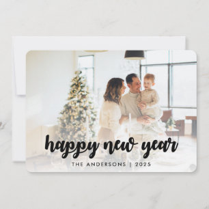 Minimalist Calligraphy Happy New Year Family Photo Holiday Card