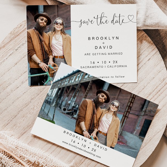 Minimalist Calligraphy Heart Save The Date Card (Minimalist and modern heart calligraphy wedding save the date with two photographs.)