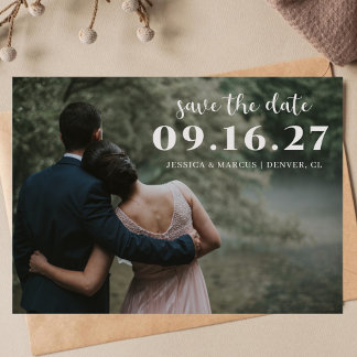 Minimalist calligraphy Horizontal Wedding Photo Save The Date