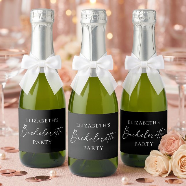 Minimalist Calligraphy Ink Bachelorette Black Mini Sparkling Wine Label (Customize to change background color.)