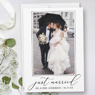 Minimalist Calligraphy Just Married Photo Wedding Announcement