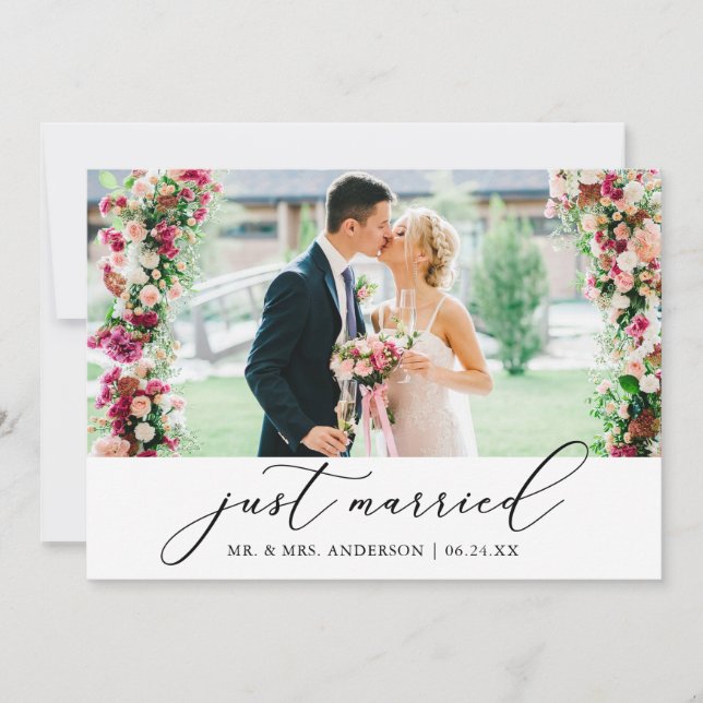 Minimalist Calligraphy Just Married Photo Wedding Announcement (Front)