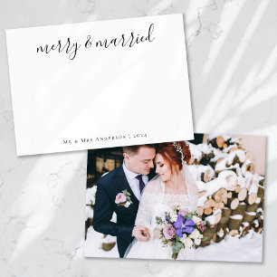Minimalist Calligraphy Merry & Married Newlyweds Holiday Card