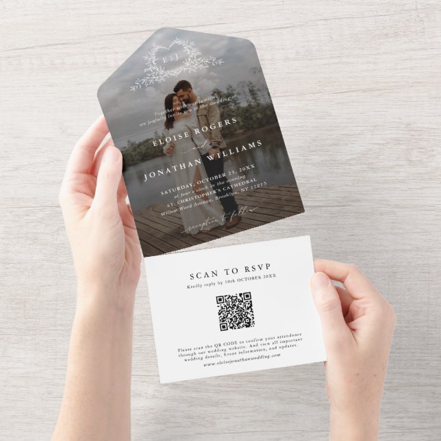 Minimalist Calligraphy monogram QR Code Photo All In One Invitation (Tearaway)