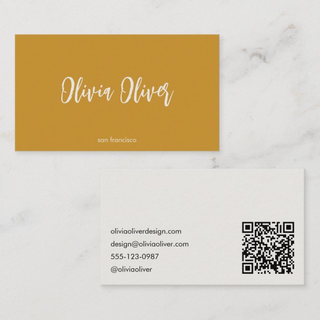 Minimalist Calligraphy Mustard Modern QR Code Business Card (Front/Back)