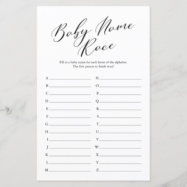 Minimalist Calligraphy Name Race Baby Shower Game (Front)