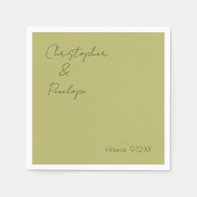 Minimalist Calligraphy Olive Green Travel Wedding Napkin (Front)