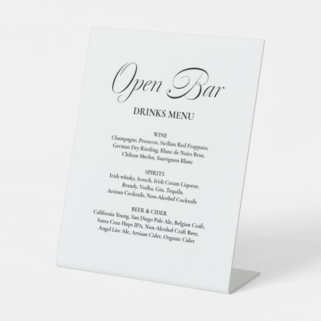 Minimalist Calligraphy Open Bar White Wedding Pedestal Sign (Front)