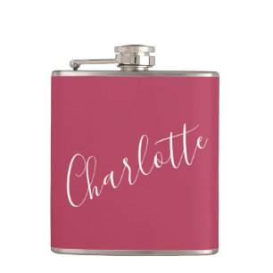 Minimalist Calligraphy Personalised Name Magenta  Hip Flask