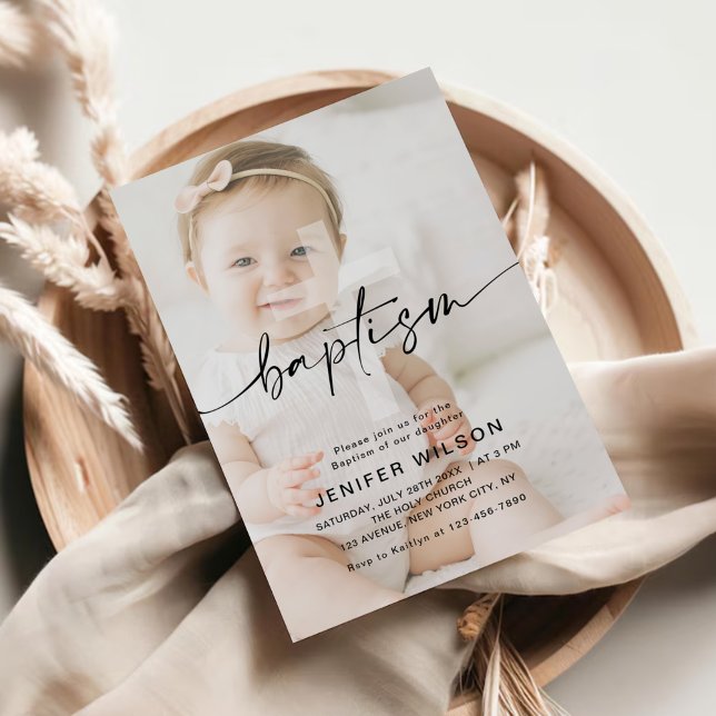 Minimalist Calligraphy Photo Baby Baptism  Invitation (Creator Uploaded)