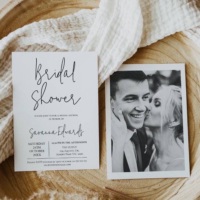 Minimalist Calligraphy Photo Bridal Shower Invitation (Minimalist bridal shower invitation featuring a modern calligraphy font and brides photo on the back)