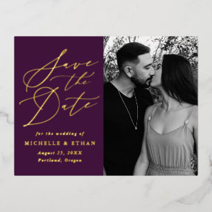 Minimalist Calligraphy Photo Save the Date Foil Invitation Postcard