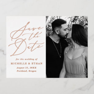 Minimalist Calligraphy Photo Save the Date Foil Invitation Postcard