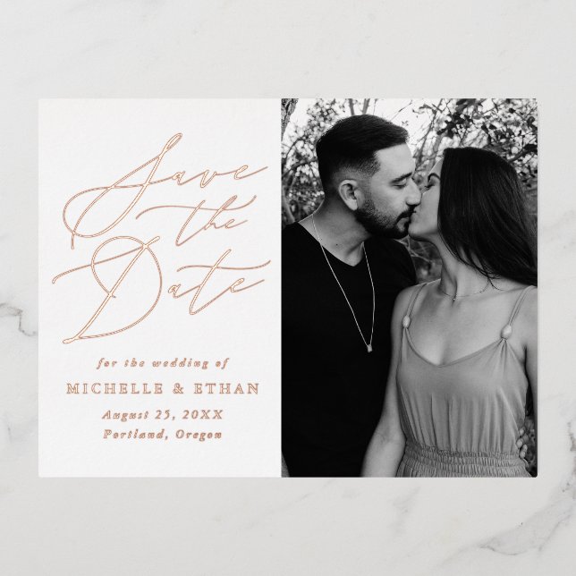 Minimalist Calligraphy Photo Save the Date Foil Invitation Postcard (Front)