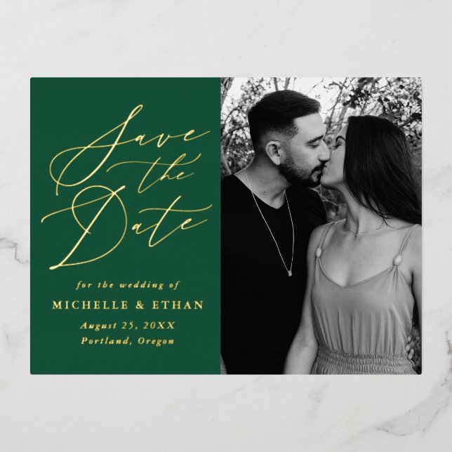 Minimalist Calligraphy Photo Save the Date Foil Invitation Postcard (Front)