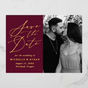 Minimalist Calligraphy Photo Save the Date Foil Invitation Postcard