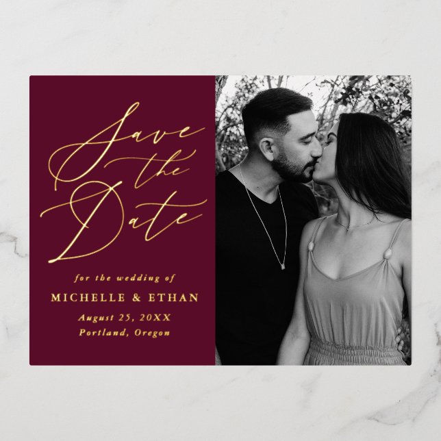 Minimalist Calligraphy Photo Save the Date Foil Invitation Postcard (Front)