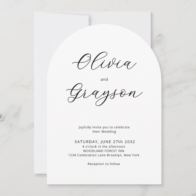 Minimalist Calligraphy QR code RSVP Arch Wedding Invitation (Front)