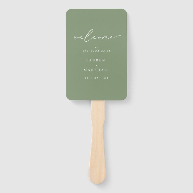 Minimalist Calligraphy Sage Green Wedding Program Hand Fan (Front)