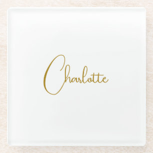Minimalist Calligraphy Script Name Gold Colour Glass Coaster