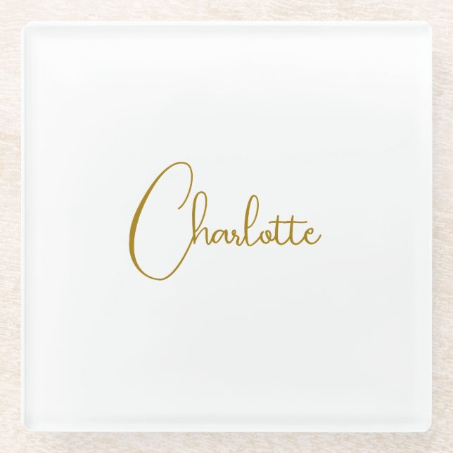 Minimalist Calligraphy Script Name Gold Colour Glass Coaster (Front)