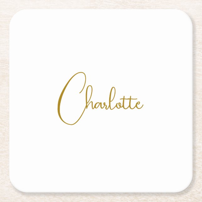 Minimalist Calligraphy Script Name Gold Colour Square Paper Coaster (Front)