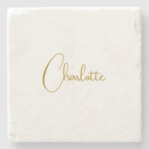 Minimalist Calligraphy Script Name Gold Colour Stone Coaster
