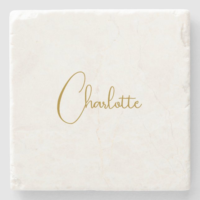 Minimalist Calligraphy Script Name Gold Colour Stone Coaster (Front)