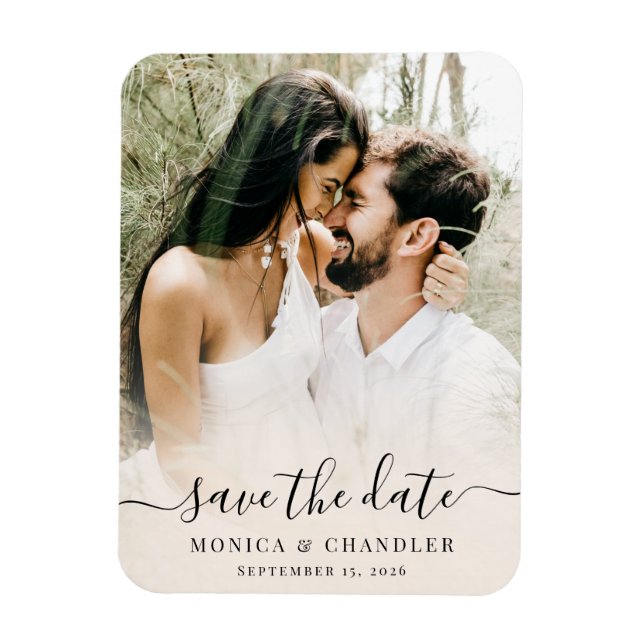Minimalist Calligraphy Script Photo Save the Date Magnet (Vertical)