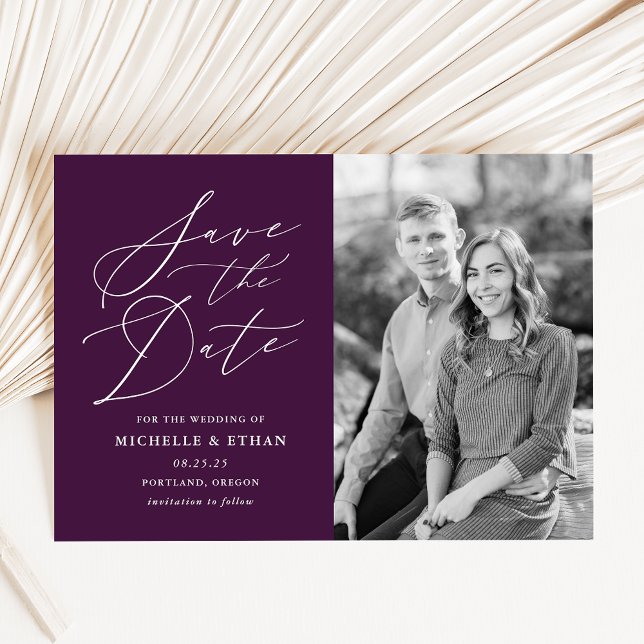 Minimalist Calligraphy Script Purple Photo Save The Date (Creator Uploaded)