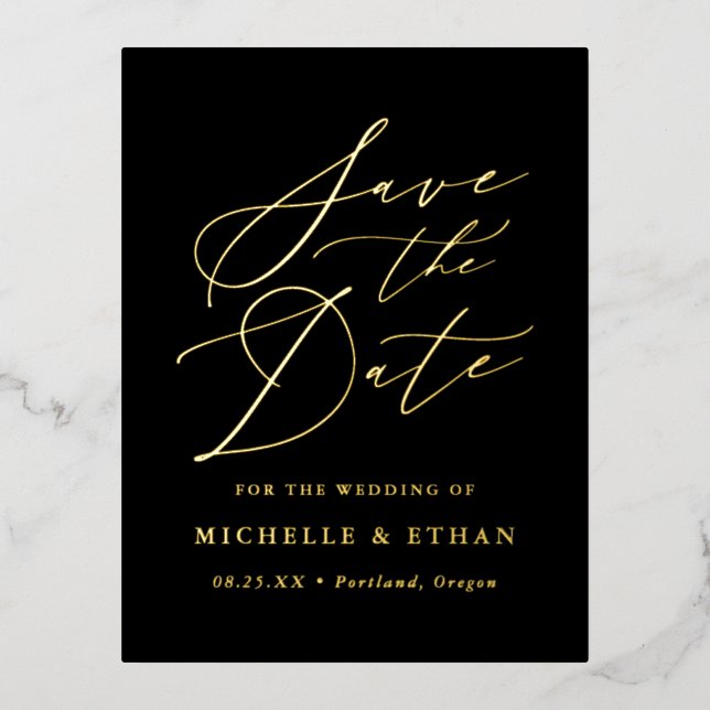 Minimalist Calligraphy Script Save the Date Foil Invitation Postcard (Front)