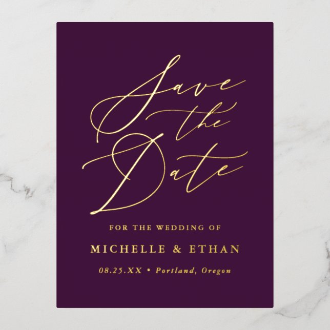 Minimalist Calligraphy Script Save the Date Foil Invitation Postcard (Front)