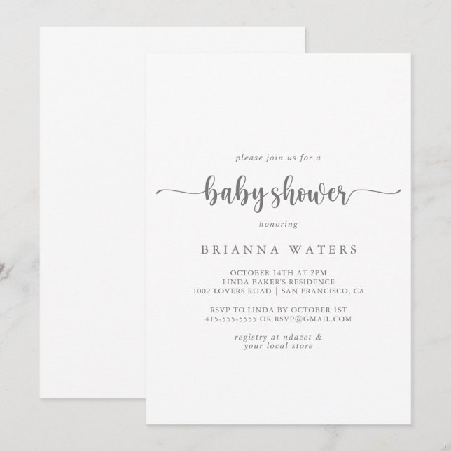 Minimalist Calligraphy Silver Baby Shower  Invitation (Front/Back)