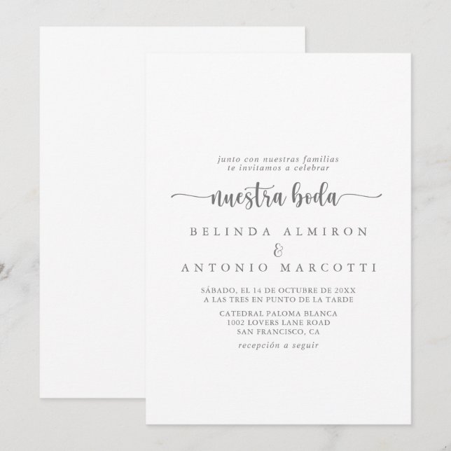 Minimalist Calligraphy Silver Nuestra Boda Invitation (Front/Back)