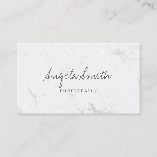 Minimalist Calligraphy Silver White Foil Marble Business Card (Front)