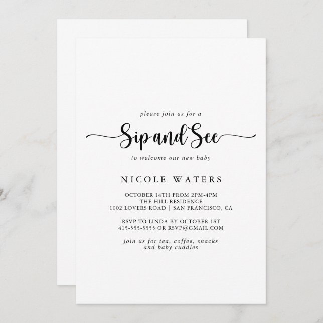 Minimalist Calligraphy Sip and See Invitation (Front/Back)