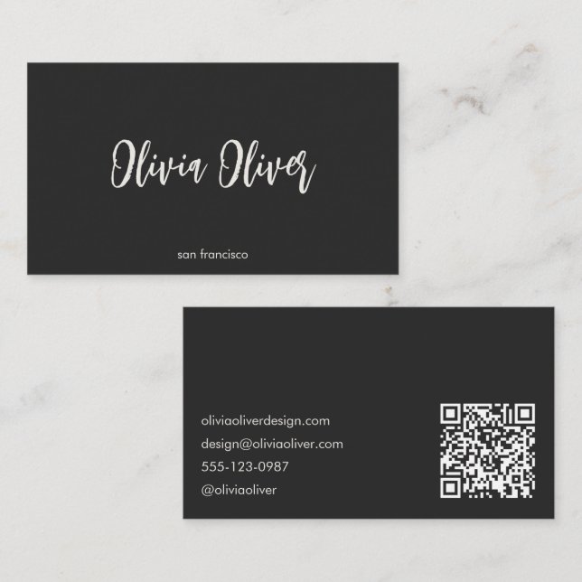 Minimalist Calligraphy Soft Black Modern QR Code Business Card (Front/Back)