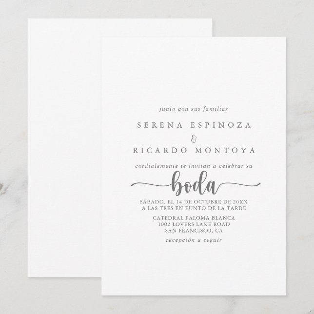 Minimalist Calligraphy Spanish Silver Wedding  Invitation (Front/Back)
