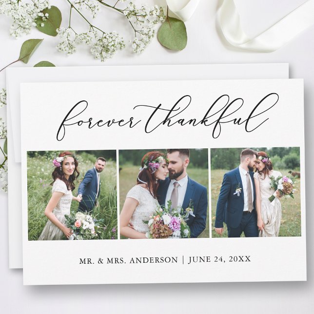 Minimalist Calligraphy Thankful 3 Photos Wedding Thank You Card (Customize to add text or more photos to back of card.)
