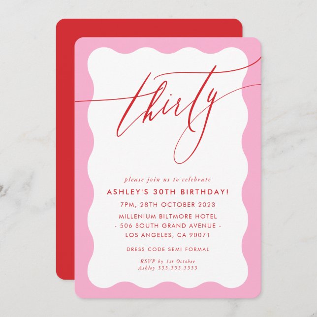 MINIMALIST Calligraphy wave 30th party pink red Invitation (Front/Back)