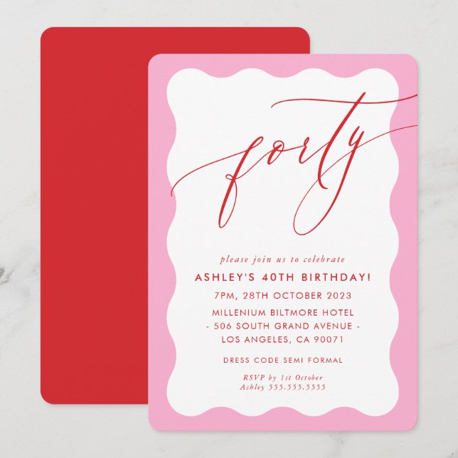 MINIMALIST Calligraphy wave 40th party pink red Invitation (Front/Back)