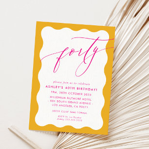 MINIMALIST Calligraphy wave 40th party pink yellow Invitation