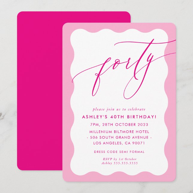 MINIMALIST Calligraphy wave 40th party pretty pink Invitation (Front/Back)