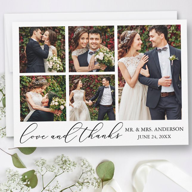 Minimalist Calligraphy Wedding 5 Photo Love Thank You Card (Customize to add text or more photos to back of card.)