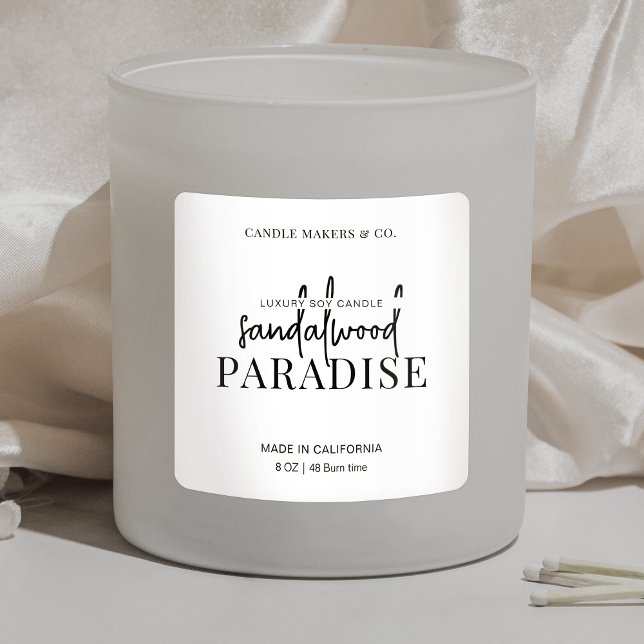 Minimalist Candle Square Label Elegant Black White (Modern simple white and black candle jar square label with fully editable text and colors)
